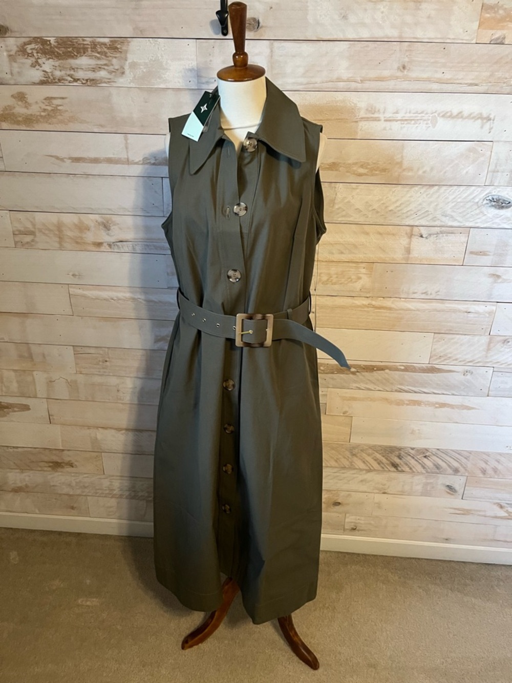 Tuckernuck Olive Green Sleeveless Button Midi Dress with Belt - Picture 3 of 12